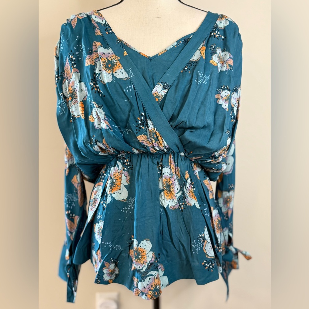 Free People teal floral boho top dolman long sleeve SZ XS - Picture 1 of 14